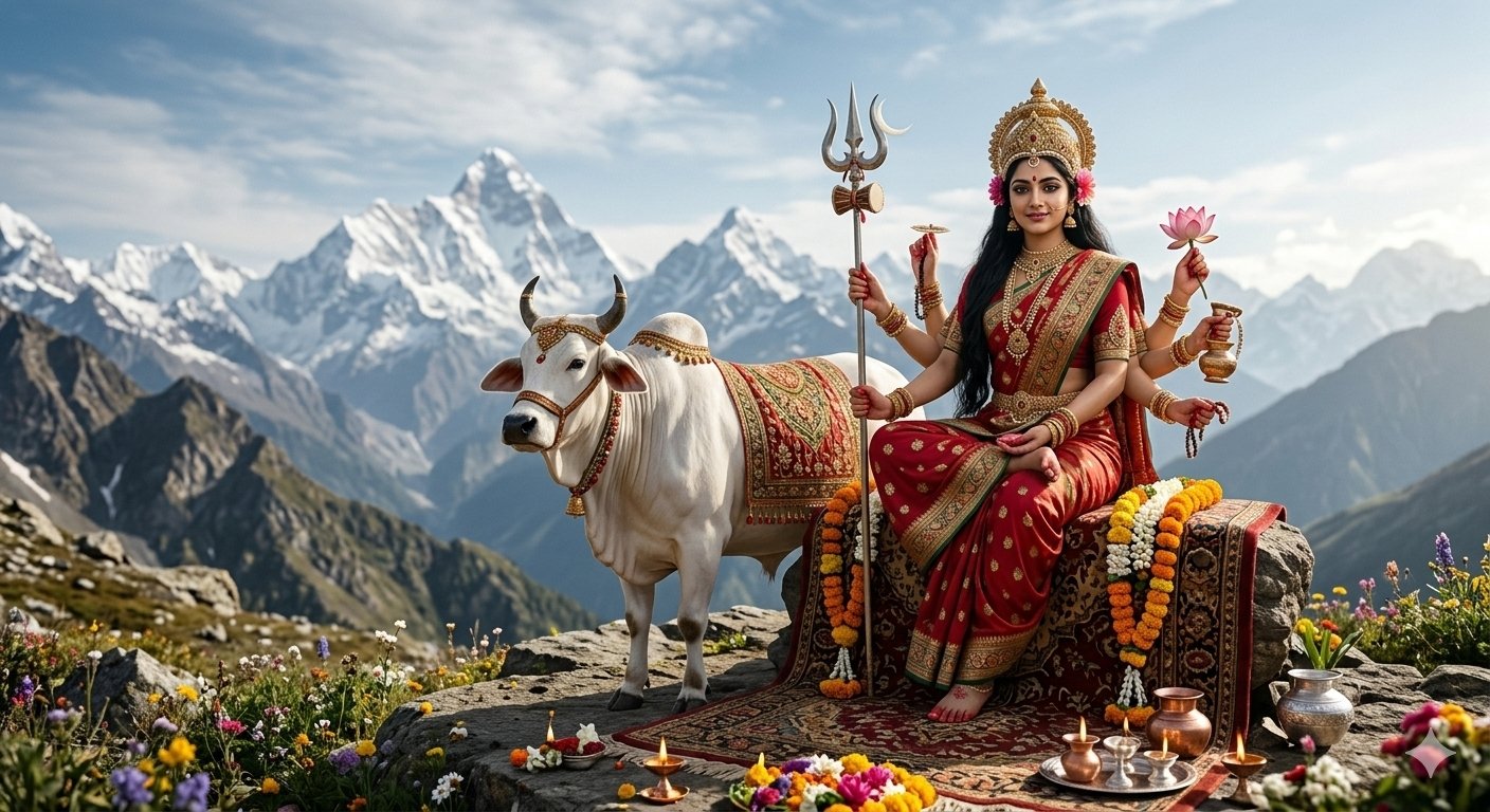 "A highly realistic depiction of Goddess Shailputri seated on a stone platform covered with a traditional rug in front of the snow-capped Himalayan mountain range. The multi-armed deity is dressed in a red and gold saree, holding a trident (trishul) and a lotus flower. To her left stands her mount, a majestic white bull (Nandi) adorned with ceremonial gold jewelry, under a bright blue sky with scattered clouds."